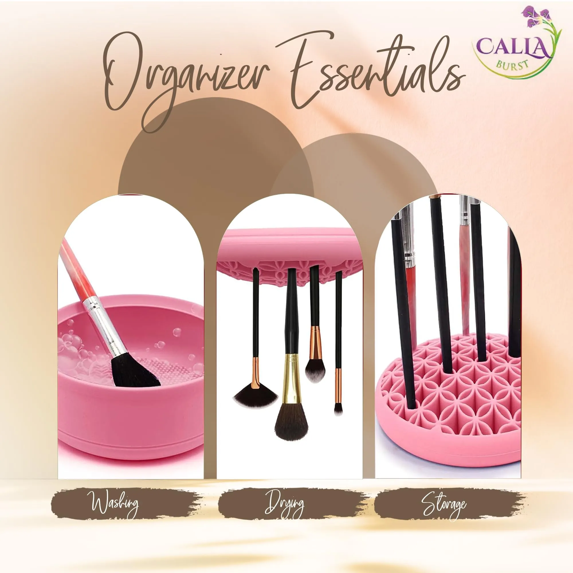 CallaBurst 3 in 1 Silicone Makeup Brush Cleaner - Make up Brush Cleaner Mat with Makeup Brush Drying Rack & Brush Organizer, Silicone Washing Tool Cleaning Bowl for Beauty Cosmetic Brushes (Pink)