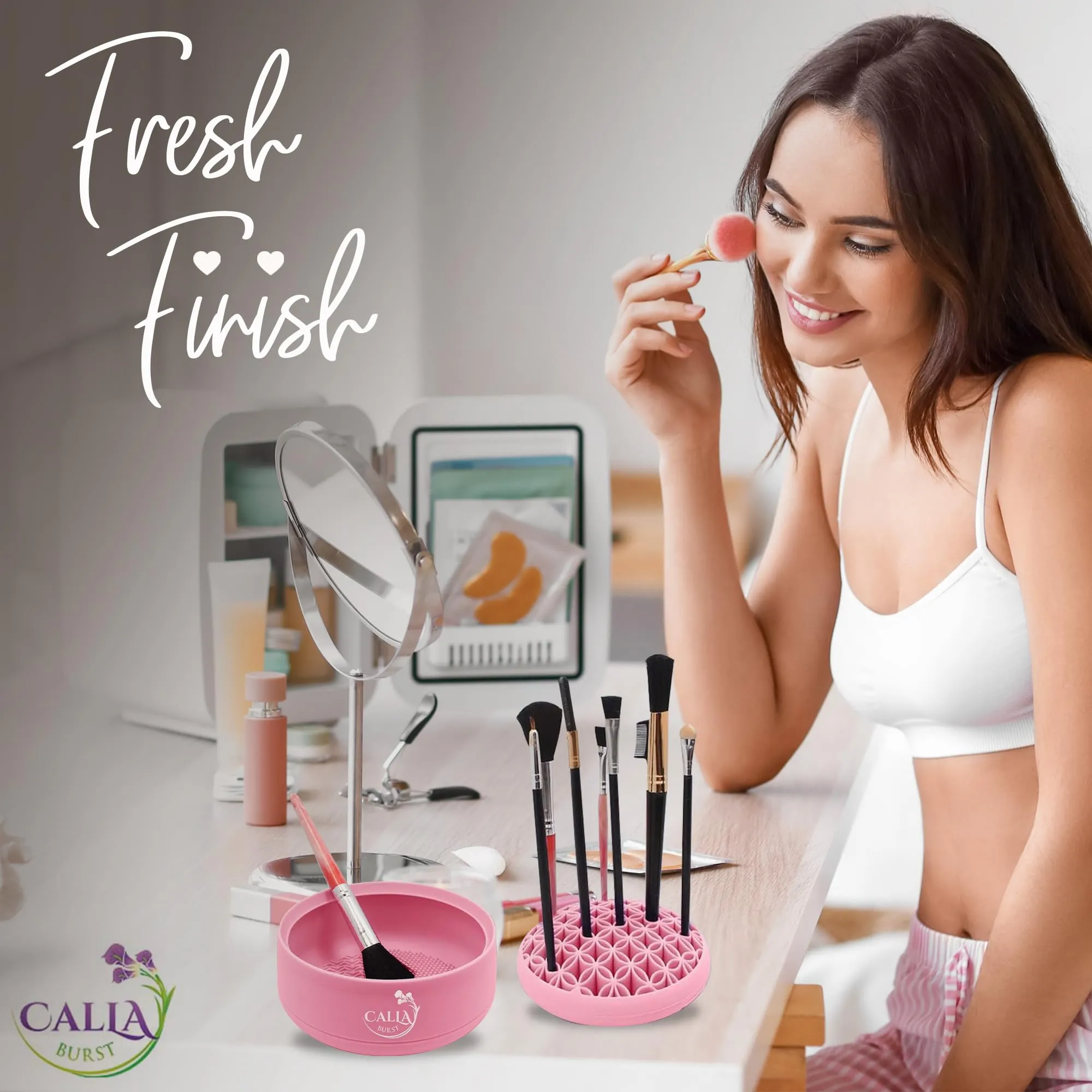 CallaBurst 3 in 1 Silicone Makeup Brush Cleaner - Make up Brush Cleaner Mat with Makeup Brush Drying Rack & Brush Organizer, Silicone Washing Tool Cleaning Bowl for Beauty Cosmetic Brushes (Pink)