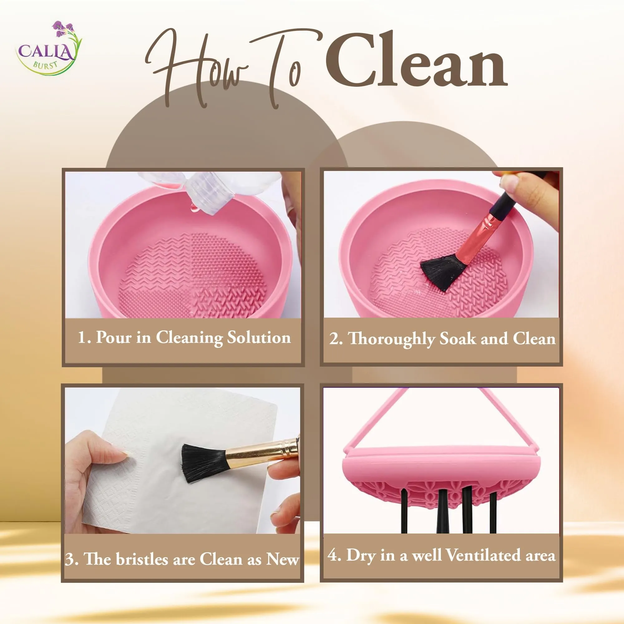 CallaBurst 3 in 1 Silicone Makeup Brush Cleaner - Make up Brush Cleaner Mat with Makeup Brush Drying Rack & Brush Organizer, Silicone Washing Tool Cleaning Bowl for Beauty Cosmetic Brushes (Pink)