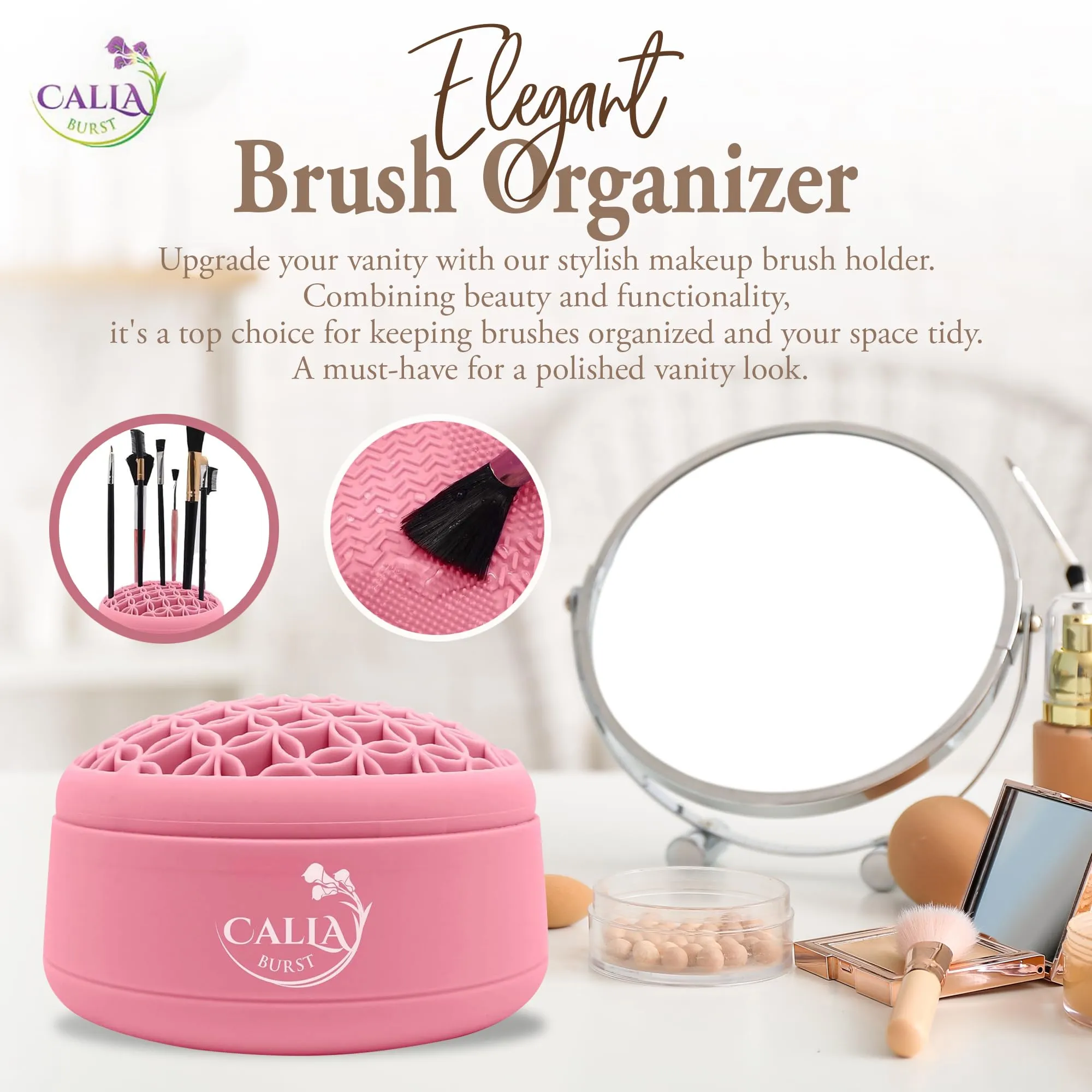 CallaBurst 3 in 1 Silicone Makeup Brush Cleaner - Make up Brush Cleaner Mat with Makeup Brush Drying Rack & Brush Organizer, Silicone Washing Tool Cleaning Bowl for Beauty Cosmetic Brushes (Pink)
