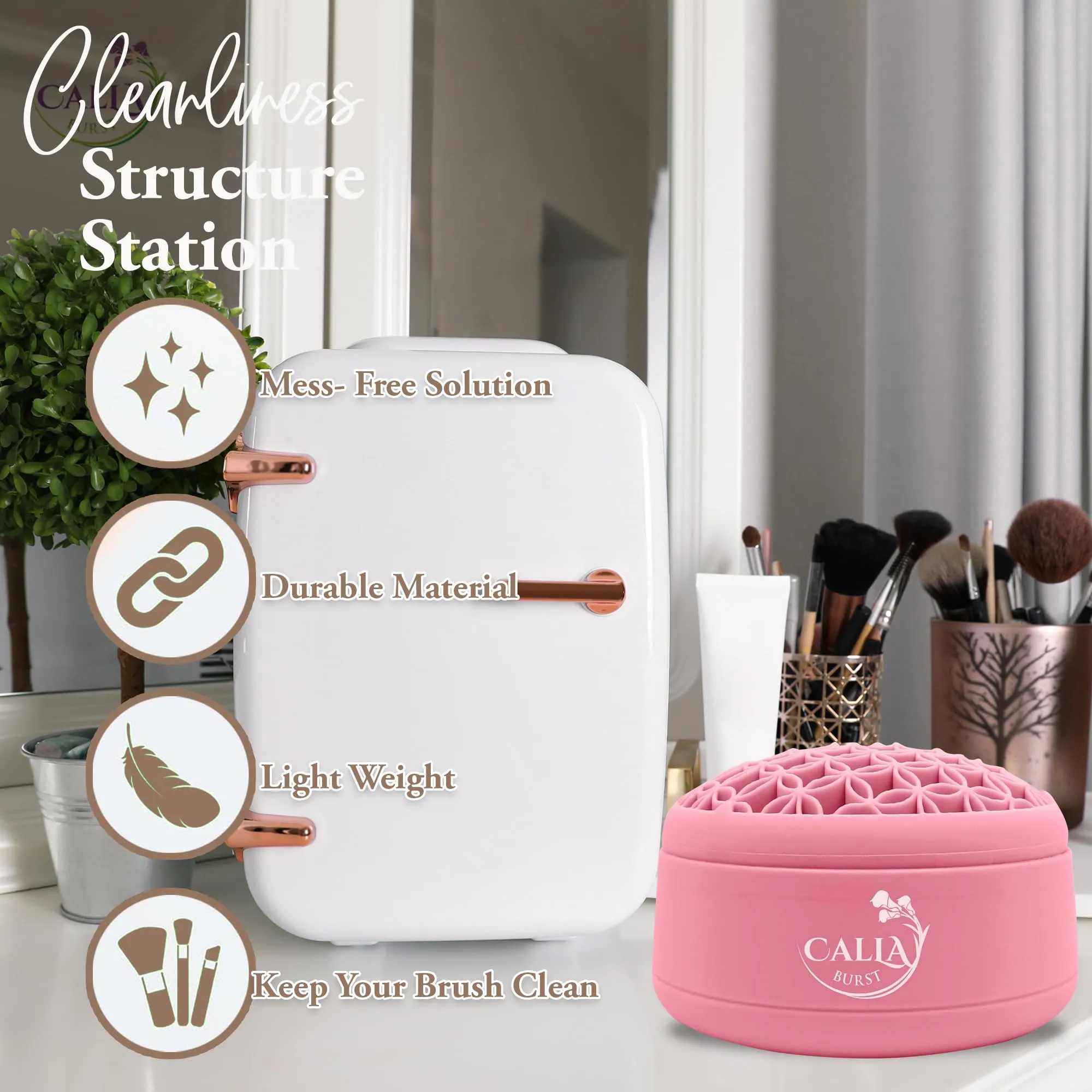 CallaBurst 3 in 1 Silicone Makeup Brush Cleaner - Make up Brush Cleaner Mat with Makeup Brush Drying Rack & Brush Organizer, Silicone Washing Tool Cleaning Bowl for Beauty Cosmetic Brushes (Pink)