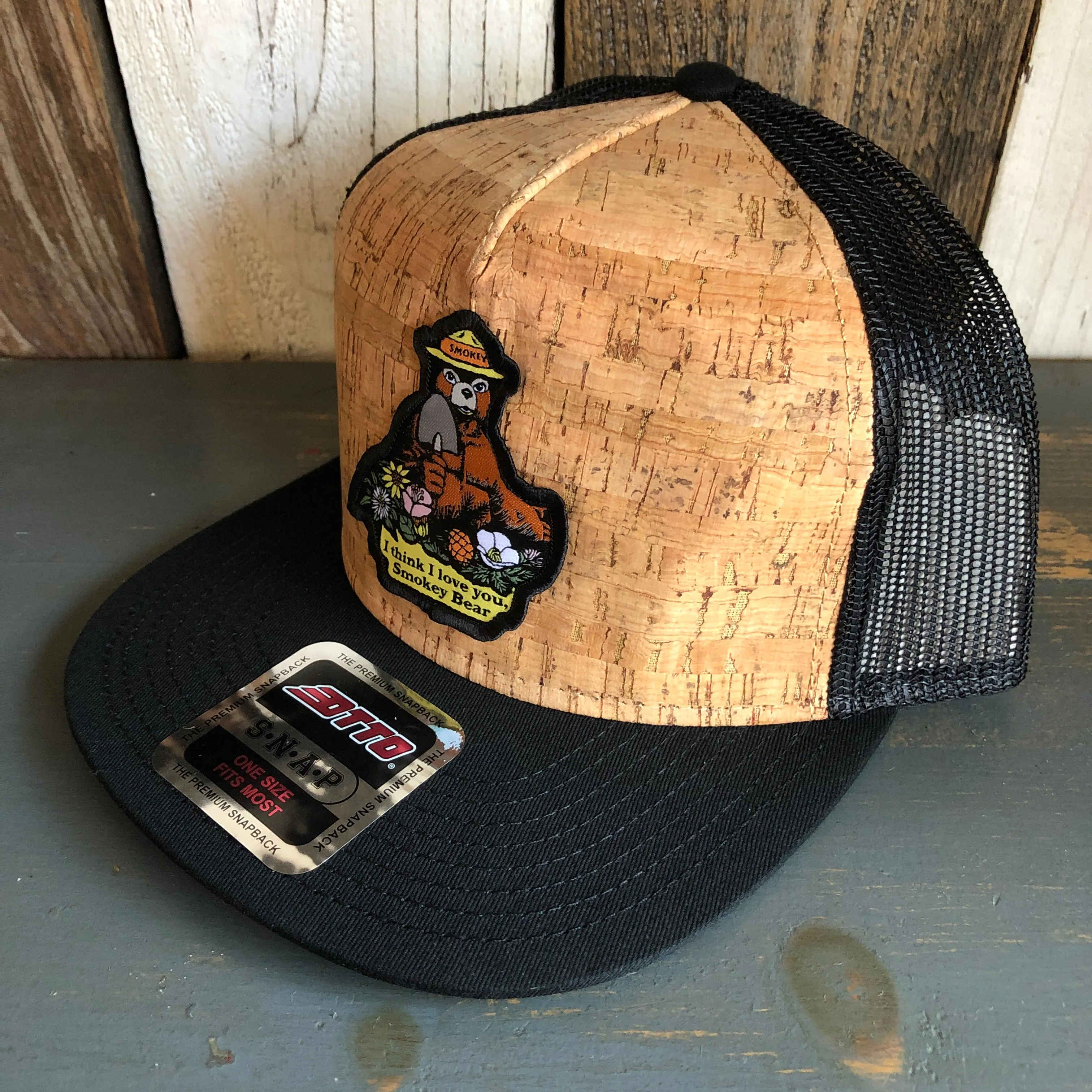 I THINK I LOVE YOU, SMOKEY BEAR Premium Cork Trucker Hat (Black)