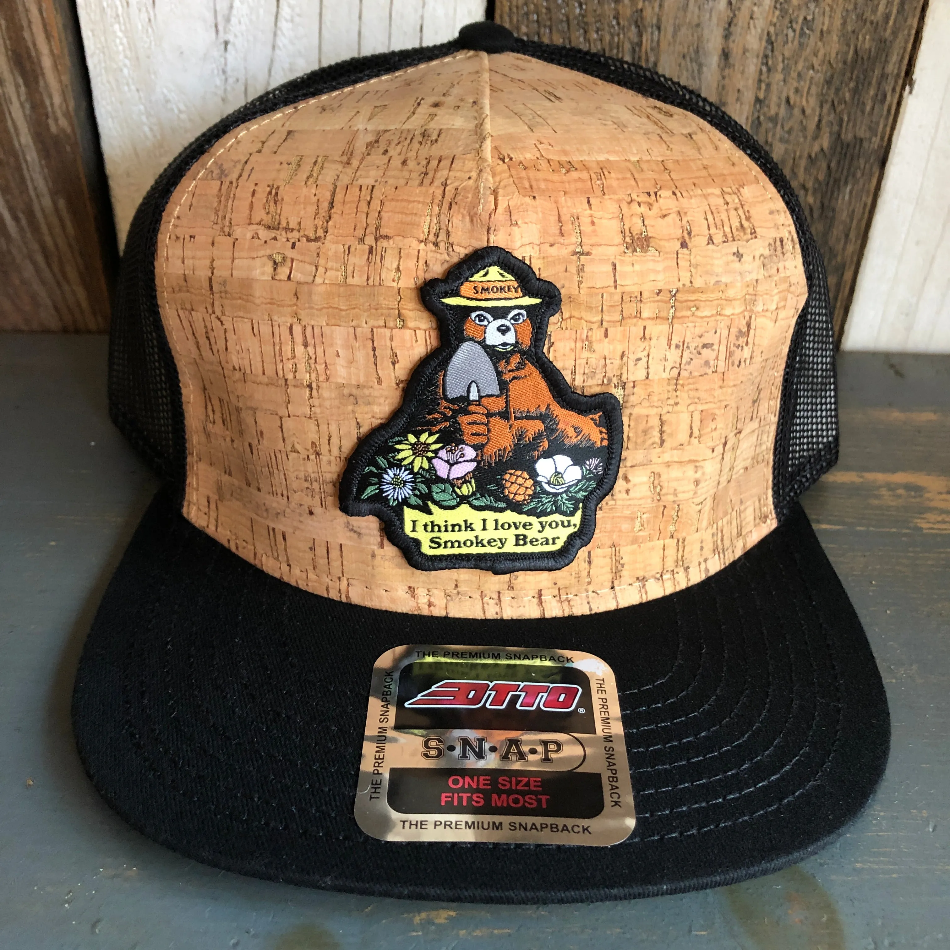 I THINK I LOVE YOU, SMOKEY BEAR Premium Cork Trucker Hat (Black)