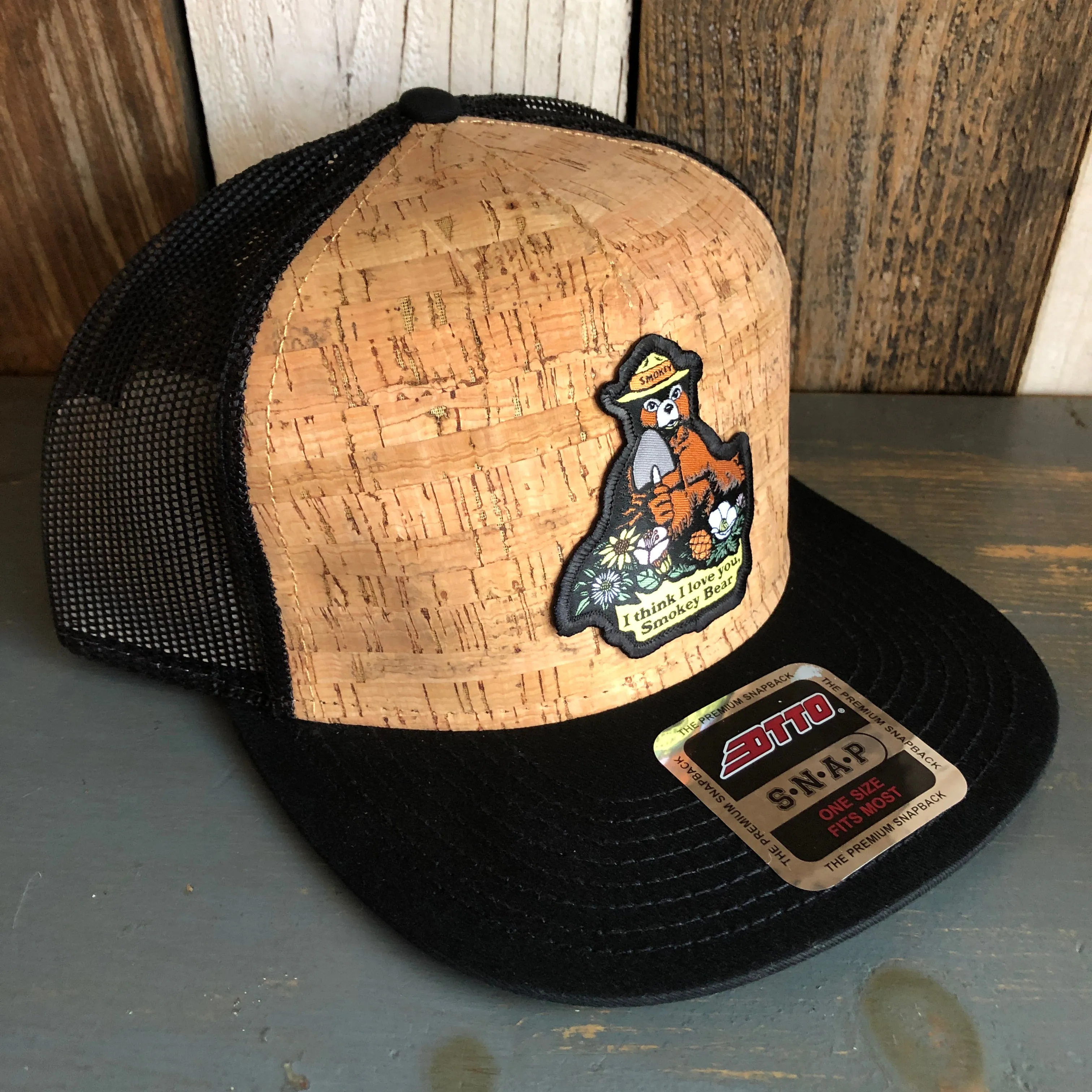 I THINK I LOVE YOU, SMOKEY BEAR Premium Cork Trucker Hat (Black)
