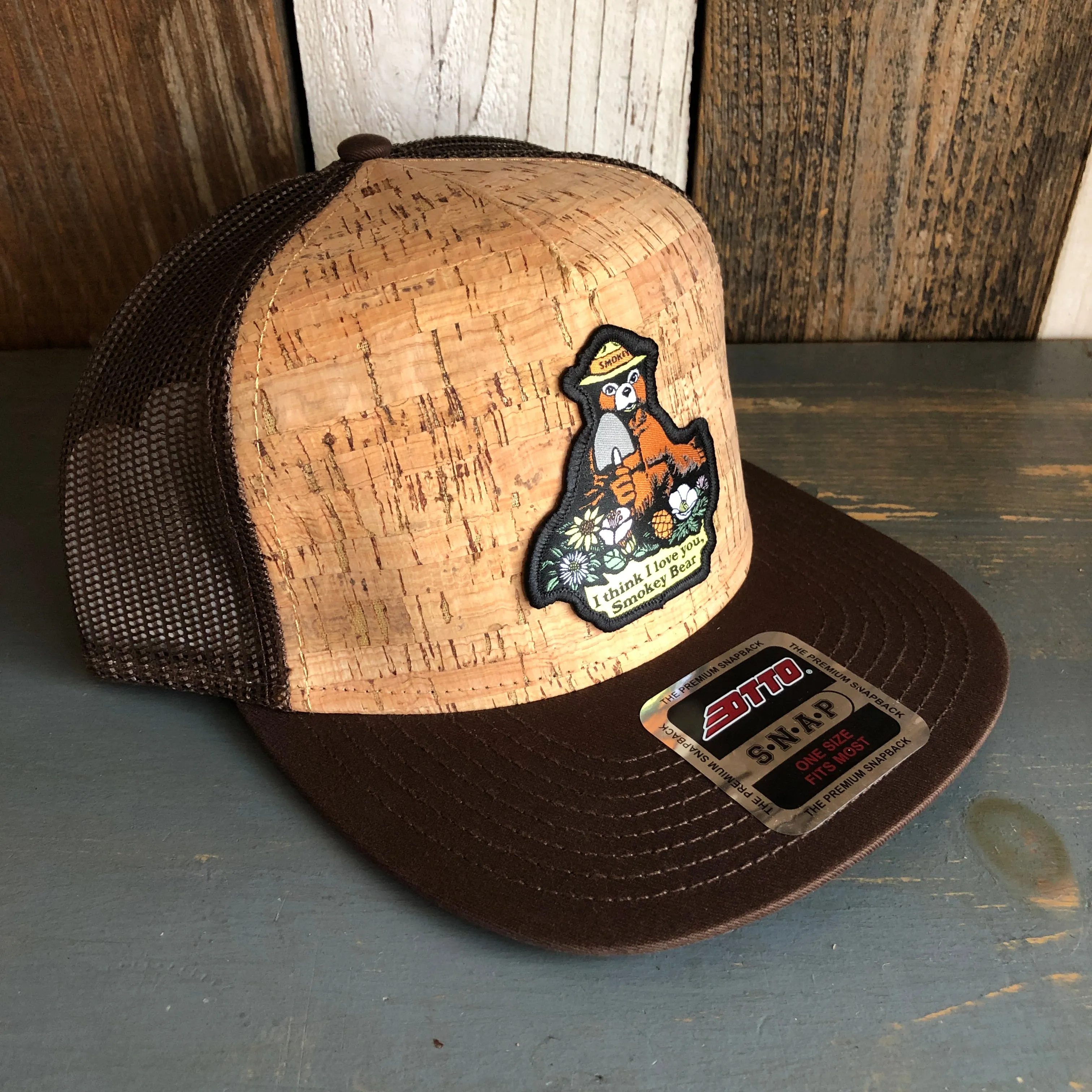 I THINK I LOVE YOU, SMOKEY BEAR Premium Cork Trucker Hat (Brown)