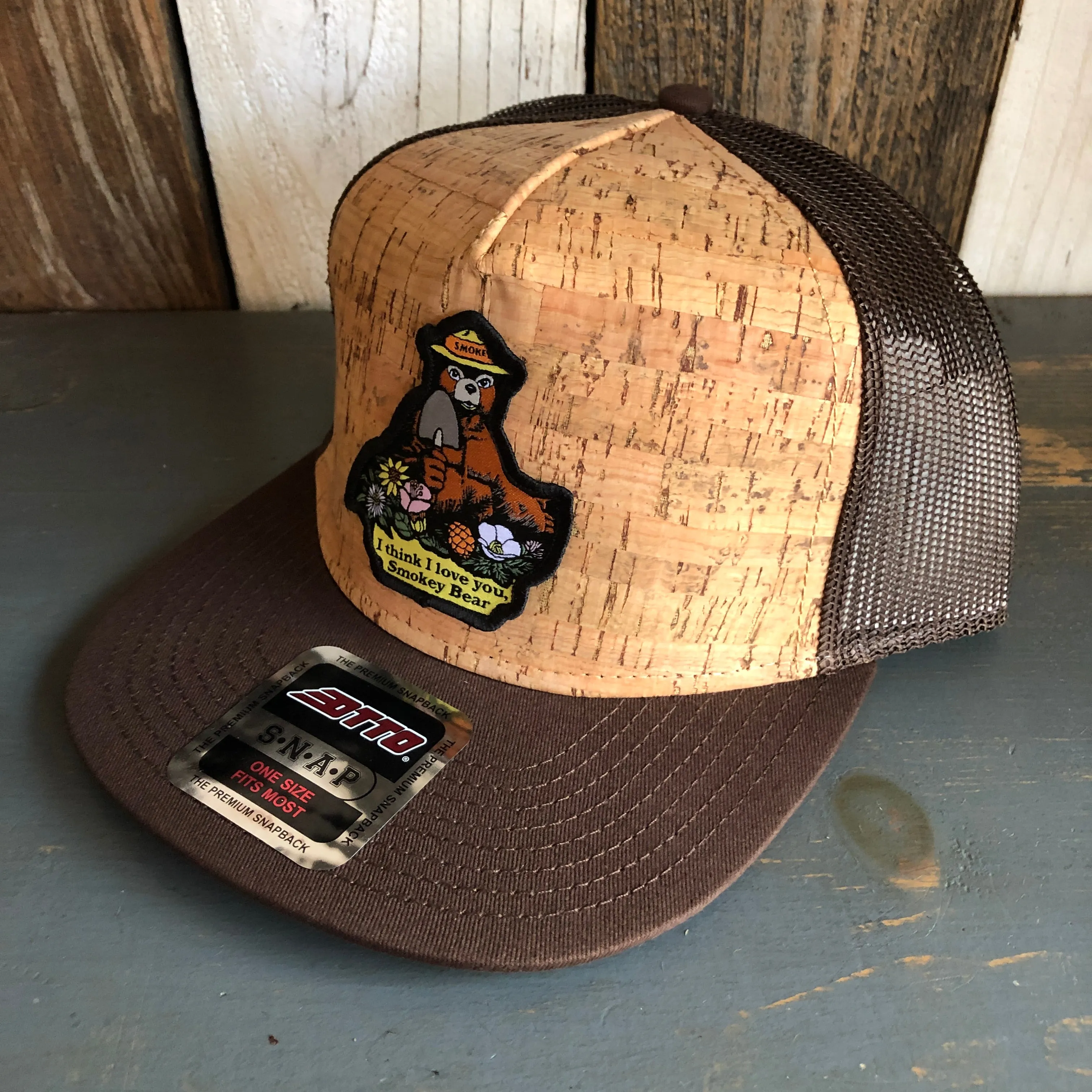 I THINK I LOVE YOU, SMOKEY BEAR Premium Cork Trucker Hat (Brown)