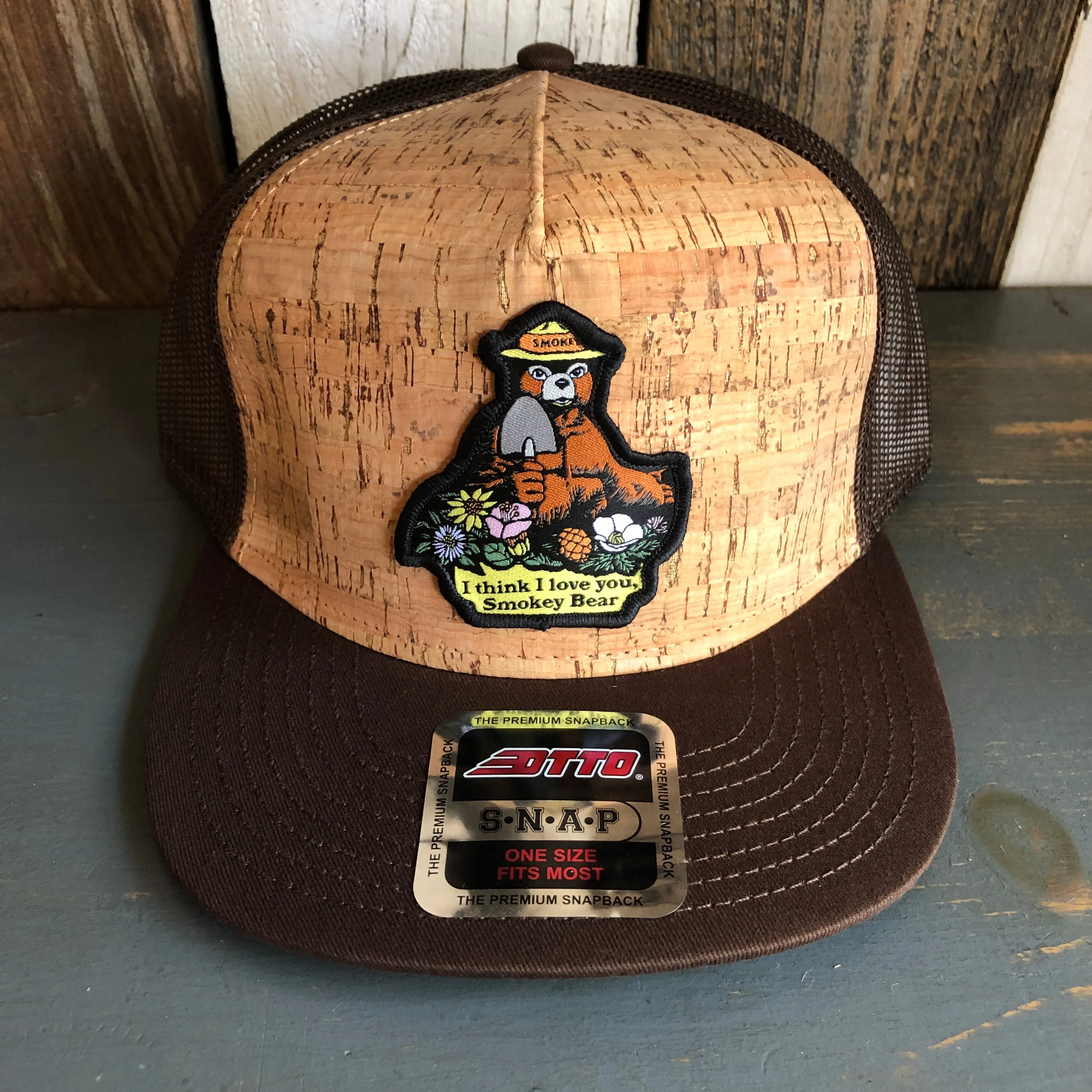 I THINK I LOVE YOU, SMOKEY BEAR Premium Cork Trucker Hat (Brown)