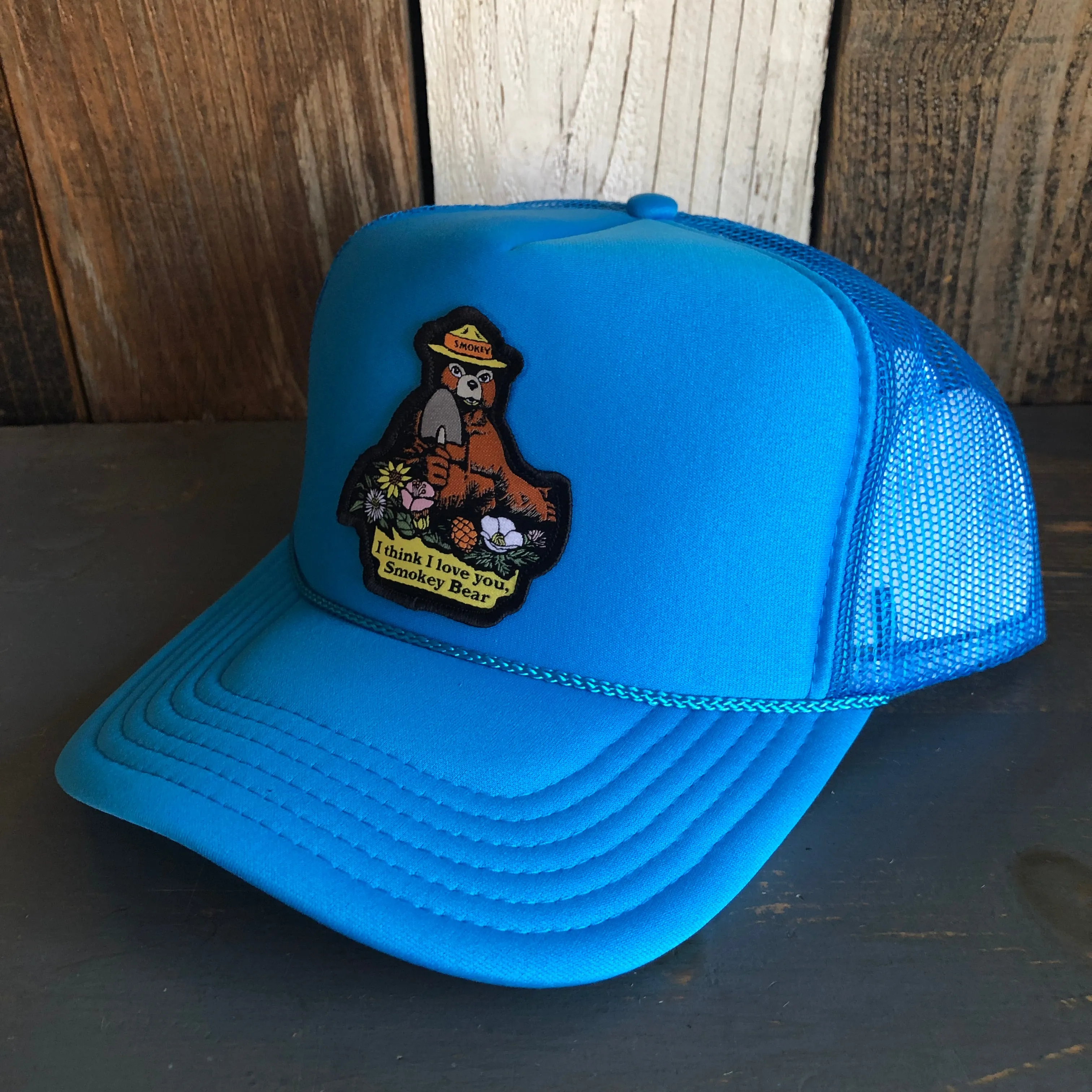 I THINK I LOVE YOU, SMOKEY BEAR - Trucker Hat - Neon Blue