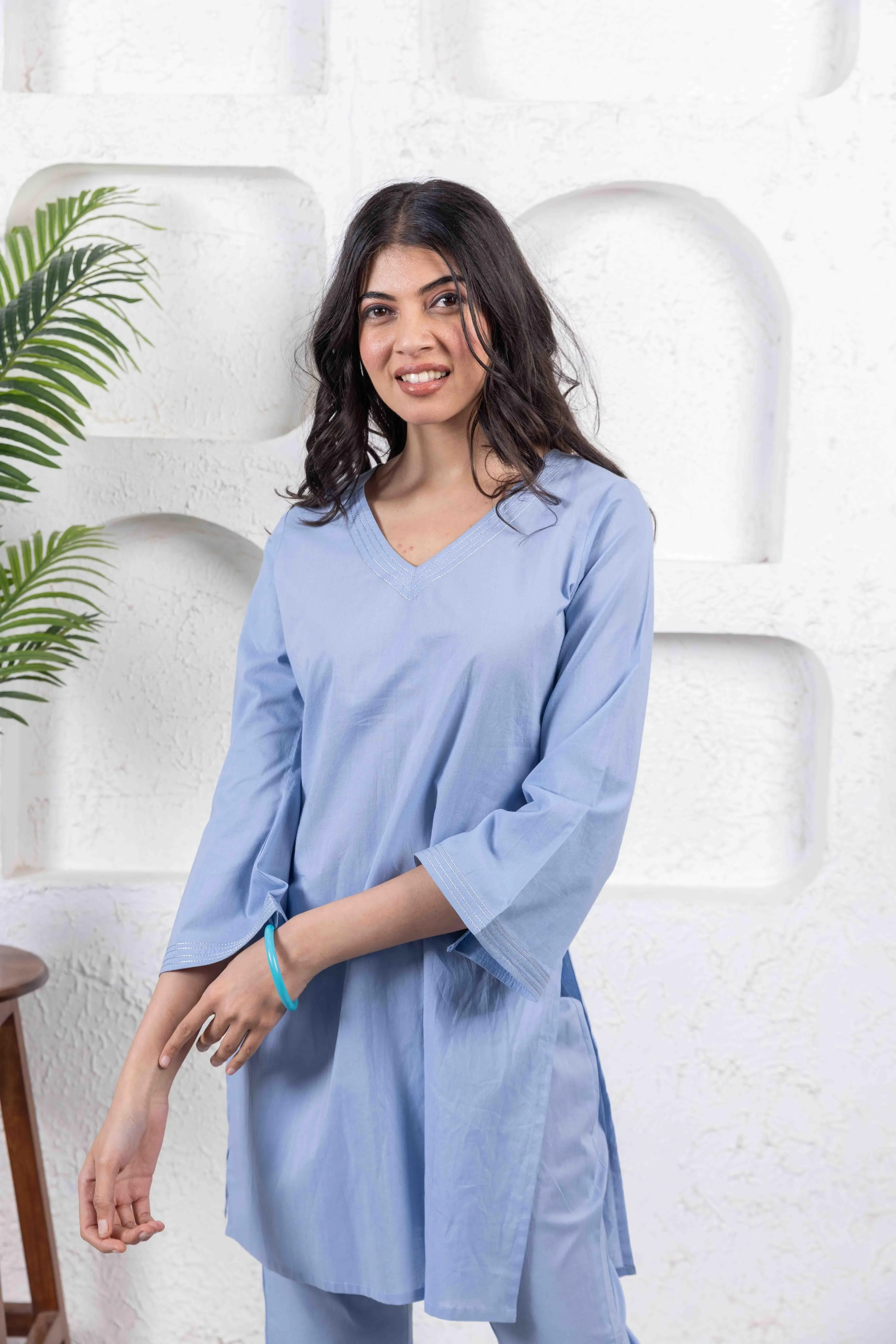 Light Blue Casual Cotton Co-Ord Set with Zari Embroidery