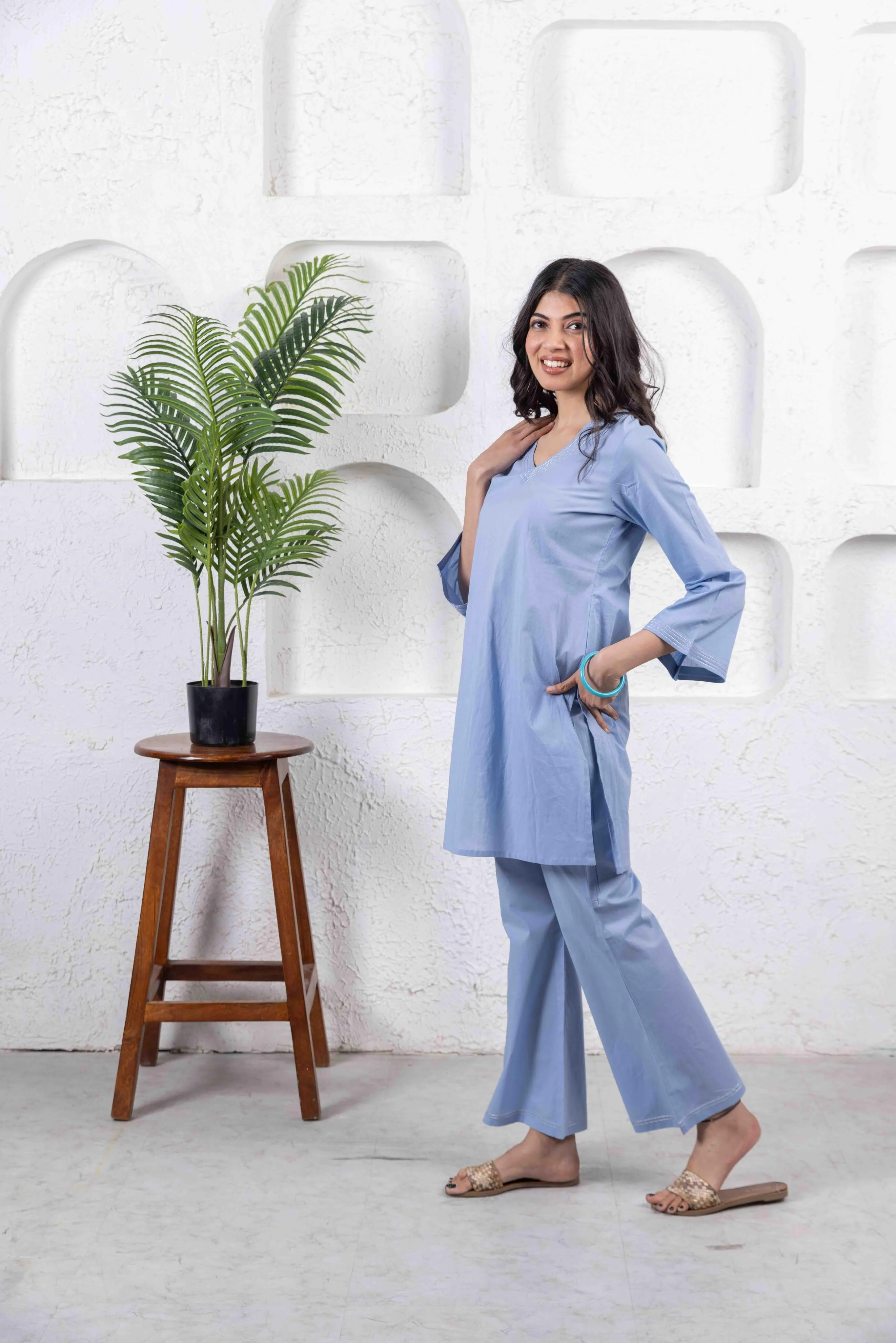 Light Blue Casual Cotton Co-Ord Set with Zari Embroidery