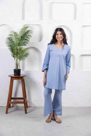 Light Blue Casual Cotton Co-Ord Set with Zari Embroidery