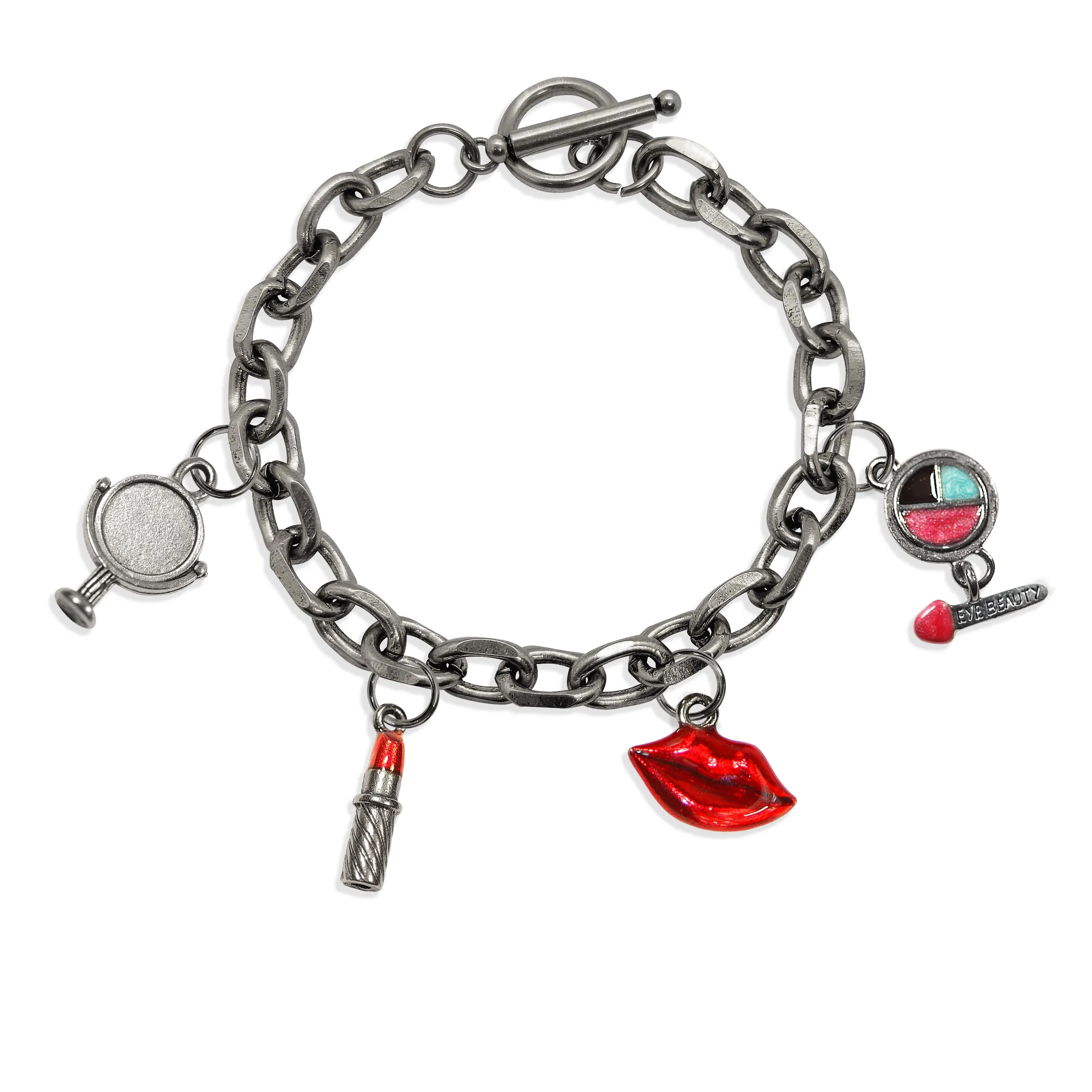 Makeup Artist Toggle Charm Bracelet | 4 Handpainted Charms | Antique Gold or Antique Silver Finish