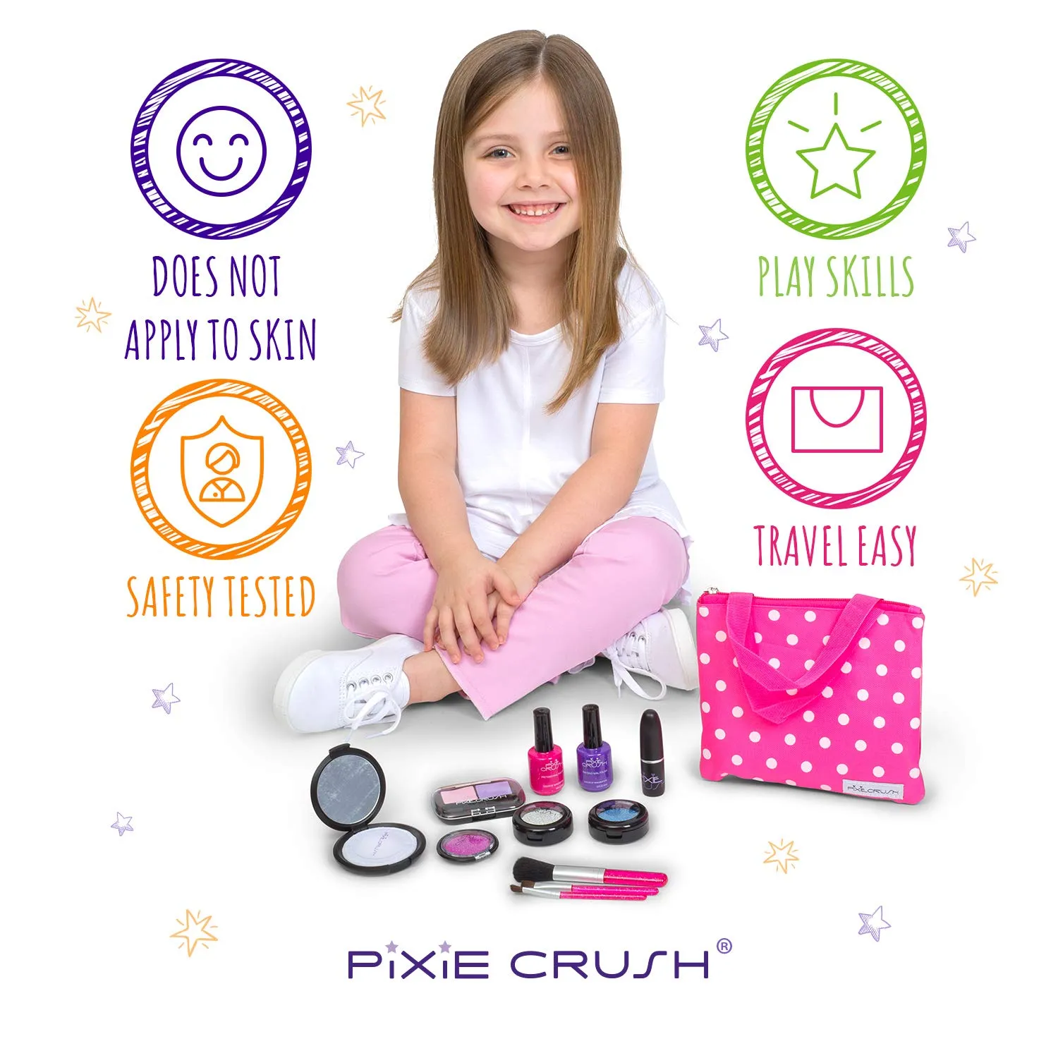 PixieCrush Pretend Play Makeup Kit. Designer Girls Beauty Basics 12 Piece Polka Dot