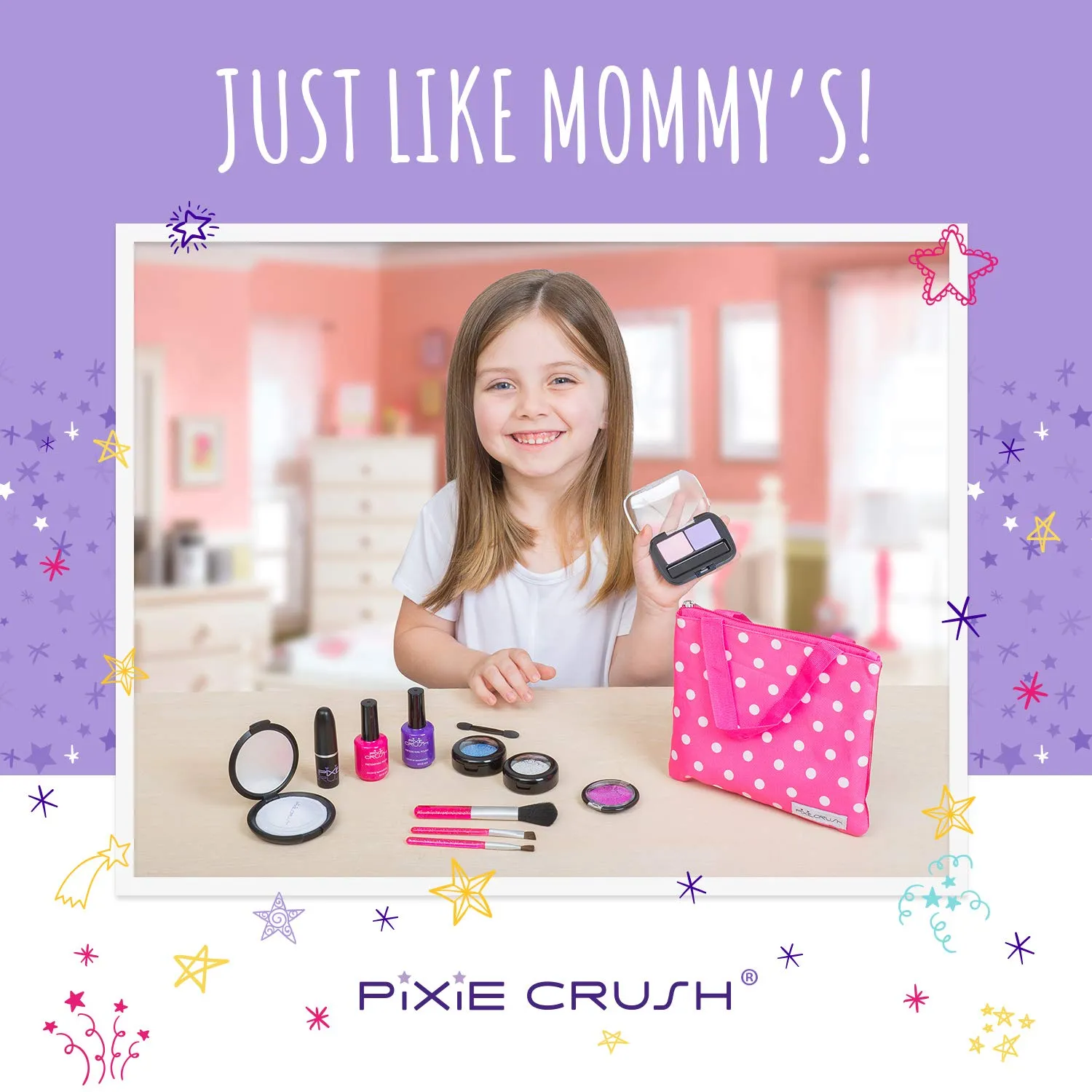 PixieCrush Pretend Play Makeup Kit. Designer Girls Beauty Basics 12 Piece Polka Dot